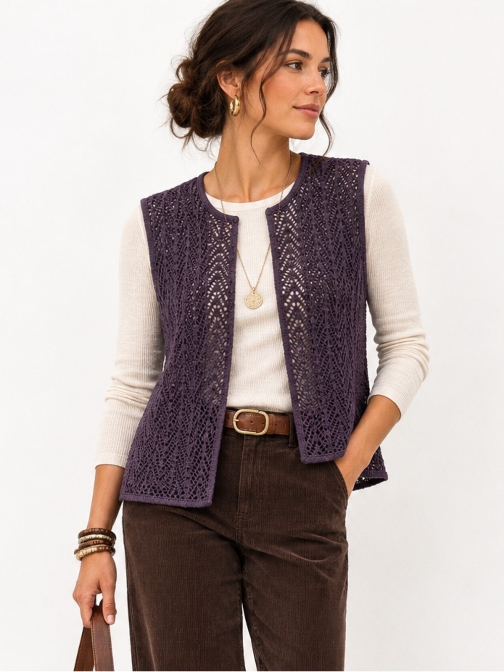 VINTAGE | Cassada Open Crochet Woven Vest in Eggplant Plum Boho Canadian Made
